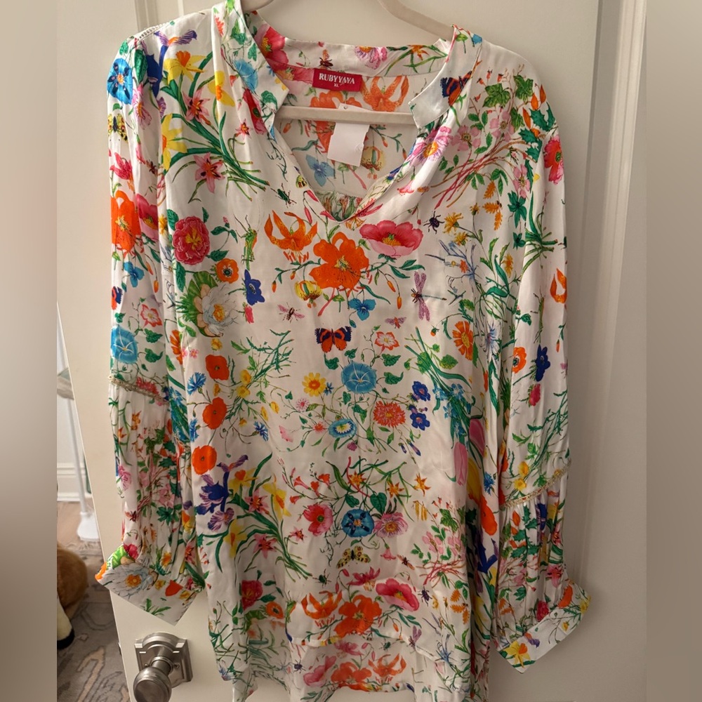 Rubyyaya Multicolor Floral Blouse with White Base